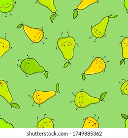 Seamless pattern with funny pears. In cartoon style. Vector illustration with cute fruits. For children's fabrics, wrapping paper. On a green background.
