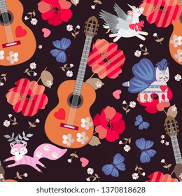 Seamless pattern with funny pegasus, horned foxes and winged kitten, quitars, butterflies and flowers on black background. Print for fabric, wallpaper.