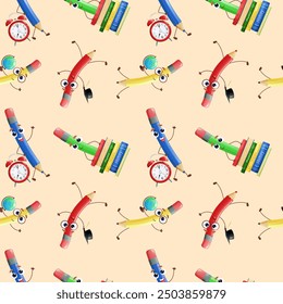 Seamless pattern with funny pencil characters. Wallpaper, website and cover template design. Vector illustration