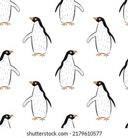 Seamless pattern with funny penguin. Hand drawn illustration in scandinavian style for children.