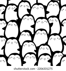 Seamless pattern with funny penguins. Coloring page. Doodle birds. Black and white vector illustration.