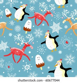 seamless pattern of funny penguins and deer