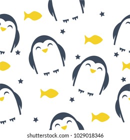 Seamless pattern with funny penguins, fish and stars. A simple children's pattern.