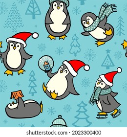 seamless pattern funny penguins new year