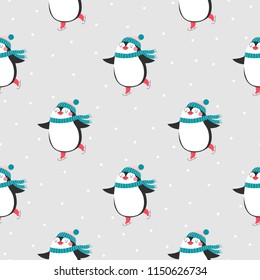 Seamless pattern with funny penguins on skates.