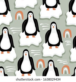 Seamless Pattern with Funny Penguins on Ice Floes. Scandinavian Background.