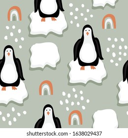 Seamless Pattern with Funny Penguins on Ice Floes. Scandinavian Background.
