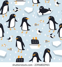 Seamless pattern of funny penguins seagulls, boat and seal on a light blue background. Funny hand drawn winter animals. Creative kids background in Scandinavian style. Vector illustration.