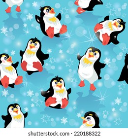 Seamless pattern with funny penguins and snowflakes on blue icy background, design for winter, Christmas or New Year themes