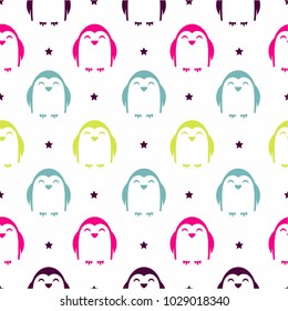 Seamless pattern with funny penguins and stars. A simple children's pattern.