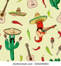 A seamless pattern with funny peppers and cactus playing on traditional Mexican maracas and guitar. Vector illustration