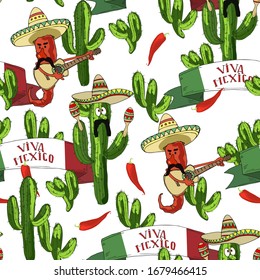 Seamless pattern with funny peppers and cactus playing on traditional Mexican maracas and guitar isolated on white. Cinco de Mayo - May 5, federal holiday in Mexico. Vector illustration