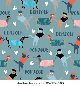 Seamless pattern of funny pets dogs and cats dressed in French style. Vector illustration 