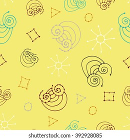Seamless pattern with funny pictures. Abstract twirl figures with triangles, squares, circles, sun and snails. Vector hand drawn waves texture, wavy background. Can use for children's goods