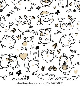 Seamless pattern with funny piggy, new year 2019 symbols