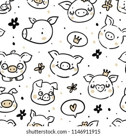 Seamless pattern with funny piggy, new year 2019 symbols