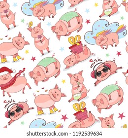 Seamless pattern with Funny Piggy symbol 2019 new year in doodle style. Piglet listens to music, eats, sleeps, holds a gift, in a Christmas hat. Piglet unicorn