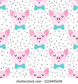 Seamless pattern with funny pigs heads with bow on polka-dot background. Vector illustration.