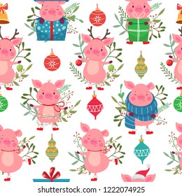 Seamless pattern with funny pigs and leaf on white background. New Year 2019. Vector illustration