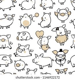 Seamless pattern with funny pigs/ new year 2019 symbols