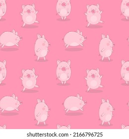 Seamless pattern of funny pigs on an isolated pink background. Vector illustration of piglets for New Year, prints, wrapping paper, cards, children, clothes, decor, farm, food.