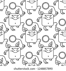 Seamless Pattern With Funny Pigs, Symbol Of 2019 On The Chinese Calendar. Yellow Earthy Pig With Chrysanthemums Goes On The Globe. Element For New Year's Design. EPS 10