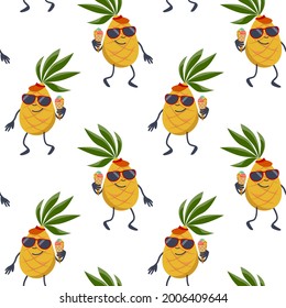  Seamless pattern with funny pineapples. Cute cartoon fruits with ice cream. Vector summer wallpaper.