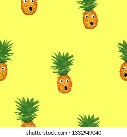 Seamless pattern with funny pineapples. Summer bright background of exotic fruits.