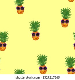 Seamless pattern with funny pineapples in sunglasses. Summer bright background of exotic fruits.