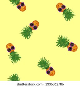 Seamless pattern with funny pineapples in sunglasses. Summer bright background of exotic fruits.