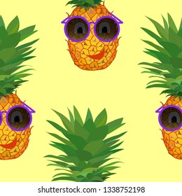 Seamless pattern with funny pineapples in sunglasses. Summer bright background of exotic fruits.