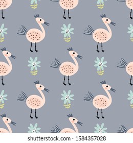 Seamless pattern with funny pink birds and green flowers on a gray background. Vector illustration.