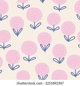 Seamless pattern with funny pink dandelions on a white background. Trendy hand drawn vector texture. Great for textile paper fabric gift wrap and more.