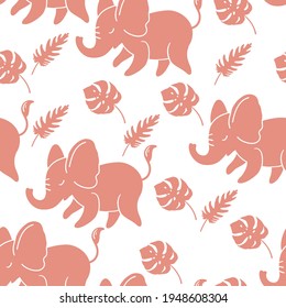 Seamless pattern with funny pink elephants and tropical leaves. Vector pattern for fabrics, clothes, for wrappers and packages, wallpaper, pastelgo linen and textiles, baby products