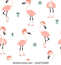 Seamless pattern with funny pink flamingos in Santa hats and gifts on a white background. Funny Christmas illustration in vector.