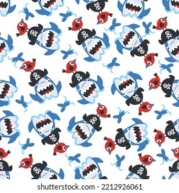 Seamless pattern of funny pirate shark cartoon with little friends under the sea, isolated on white background illustration vector.