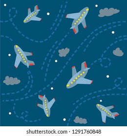 Seamless pattern with funny planes in the sky