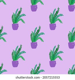 Patrón sin foco con graciosas macetas de plantas en un fondo de lavanda. Papel de escritorio o diseño botánico de papel envolvente.
