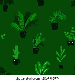 Seamless pattern with funny plant pots on a green background. Wallpaper or wrapping paper botanical design.
