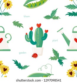 Seamless pattern with funny plants (cactus, peas, chamomile)