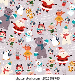 Seamless pattern with funny polar bear, penguin, deer, fox, snowman, Santa Claus, elf characters in hats. For Christmas cards, invitations, packaging paper etc. Vector flat cartoon illustration.