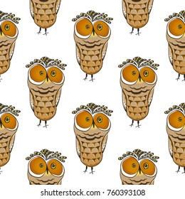Seamless pattern with funny pop-eyed owl on white background