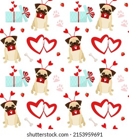 Nahtloses Muster mit lustigen Pugs und Herzen. Cartoon-Design.
