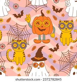 seamless pattern with  funny pumpkin, ghost, cat