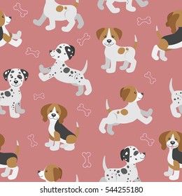 Seamless pattern with funny puppies. Beagle, dalmatian, jack russell terrier