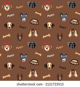 Seamless pattern with funny puppies of different breeds