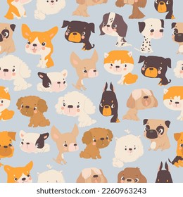 Seamless Pattern with Funny Puppies on Blue Background