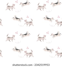   Seamless pattern Funny puppy, kitten domestic animals cartoon characters collection. Pets companions couples friendship, flat vector illustration