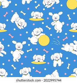 Seamless pattern with funny puppy. Vector color illustration  in outline style.