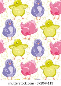 Seamless pattern with funny purple, pink and green cartoon chickens. Textiles, Wallpaper, kids decor.